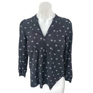 Ann Taylor LOFT Black Floral Long Puff Sleeve V-Neck Blouse Shirt Top Size XS